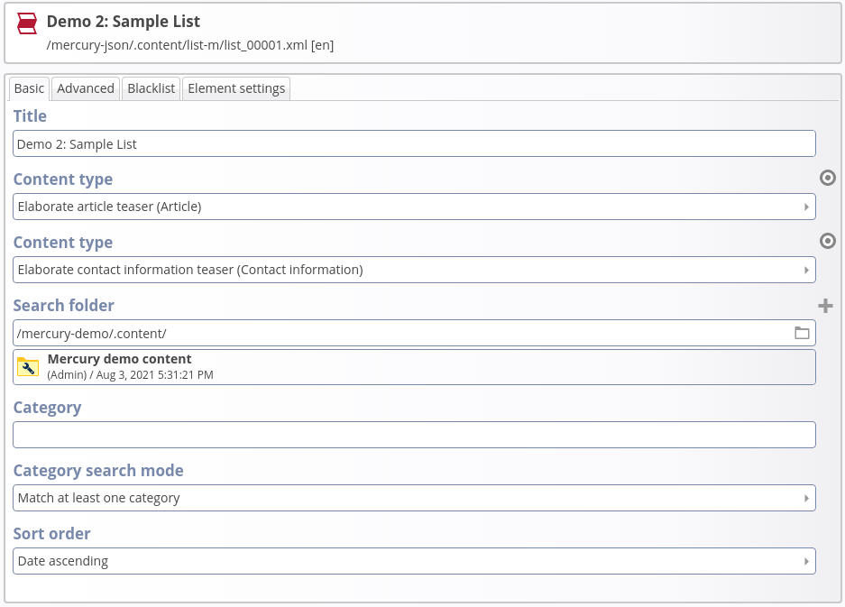 Sample list configuration in the OpenCms backend.